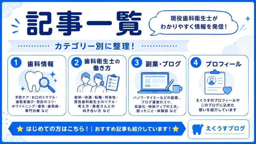 歯科情報、歯科衛生士の働き方、副業・ブログ、プロフィールをカテゴリー別に整理した記事一覧ページ。初めての方やおすすめ記事へ案内するブログアイキャッチ画像