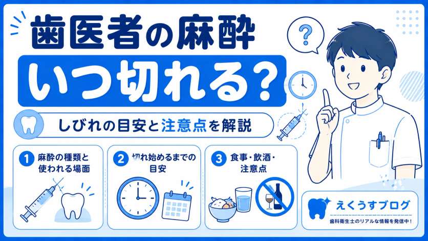 歯医者の麻酔はいつ切れるのか気になる方へ。歯科麻酔の種類やしびれが切れ始める時間の目安、食事・飲酒の注意点を現役男性歯科衛生士が分かりやすく解説したブログアイキャッチ画像