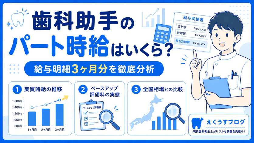 歯科助手のパート時給はどれくらい？給与明細3ヶ月分を分析し、実質時給の推移やベースアップ評価料の実態、全国相場との比較を現役歯科衛生士が分かりやすく解説したブログアイキャッチ画像