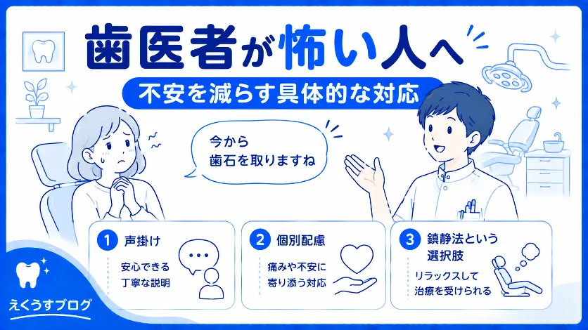 歯医者が怖い人へ｜治療前の声掛けや個別配慮、鎮静法など不安を減らす具体的な対応を解説したアイキャッチ画像