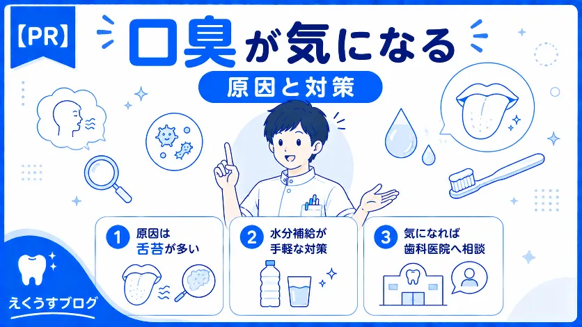 口臭が気になる人へ、舌苔などの原因や水分補給などの対策、歯科医院への相談目安を解説するアイキャッチ画像