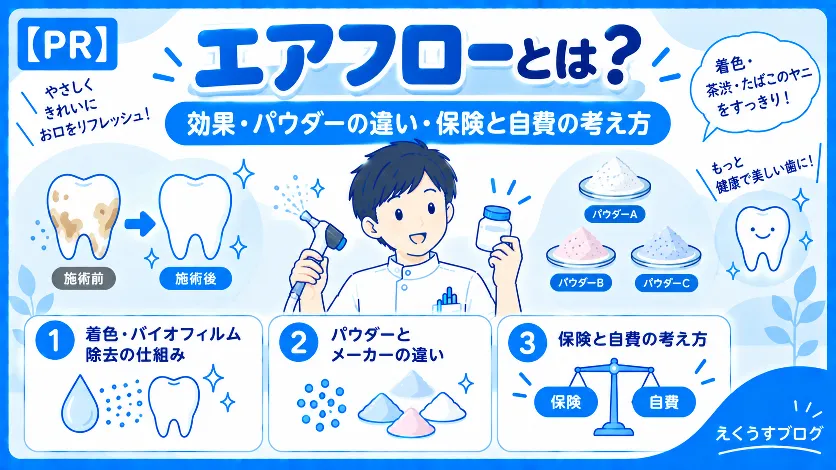 エアフローとは？着色・バイオフィルム除去の仕組み、パウダーの違い、保険と自費の考え方を歯科衛生士が解説するアイキャッチ画像