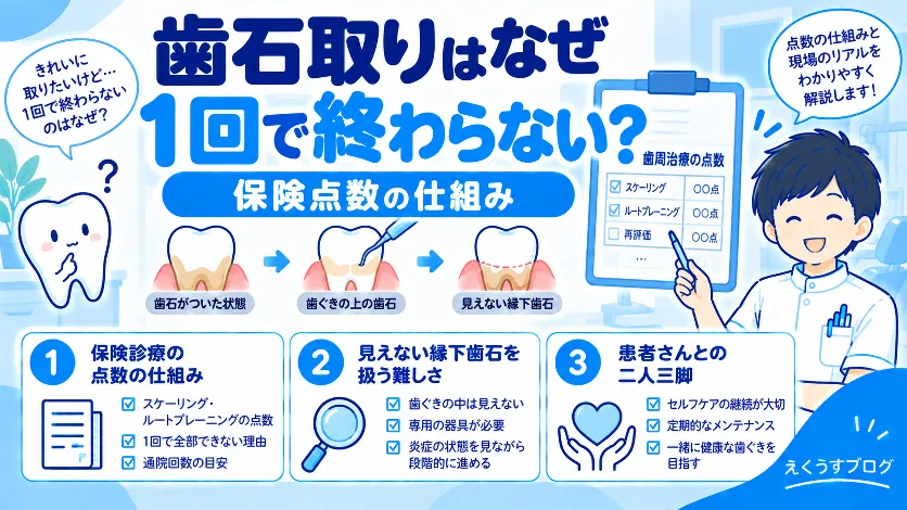 歯石取りが1回で終わらない理由を、保険点数の仕組み・見えない縁下歯石の難しさ・患者さんとの二人三脚の3点から解説するアイキャッチ画像
