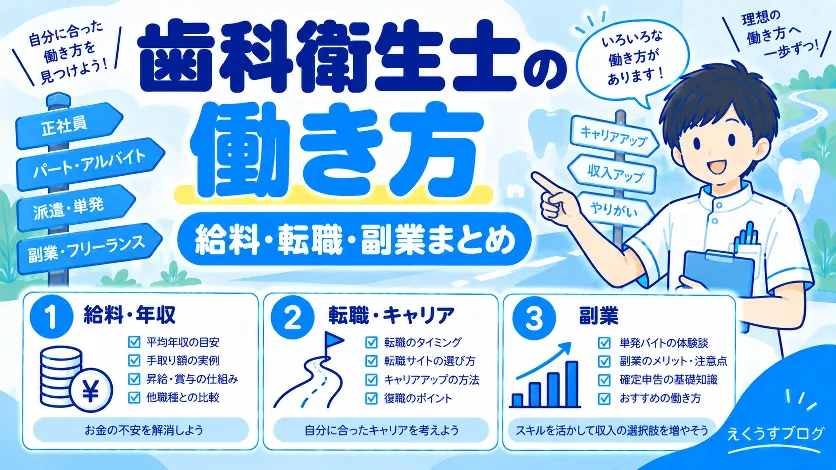 歯科衛生士の働き方について、給料・年収、転職・キャリア、副業の3つに分けて紹介するアイキャッチ画像