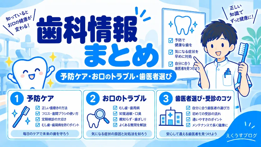 歯科情報まとめとして、予防ケア・お口のトラブル・歯医者選びと受診のコツを紹介するアイキャッチ画像